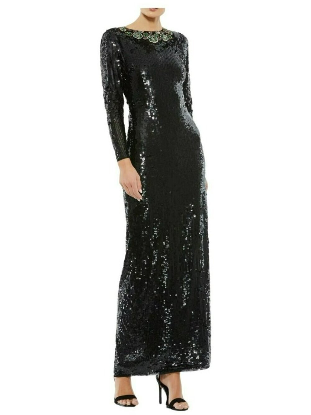 Mac Duggal Size 10 Emerald Rhinestone Necklace Black Sequin LS Maxi Gown Dress N - Picture 3 of 13